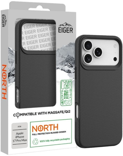 Mbështjellës telefoni Eiger North për iPhone 17 Pro Max, rezistent ndaj goditjeve, i zi