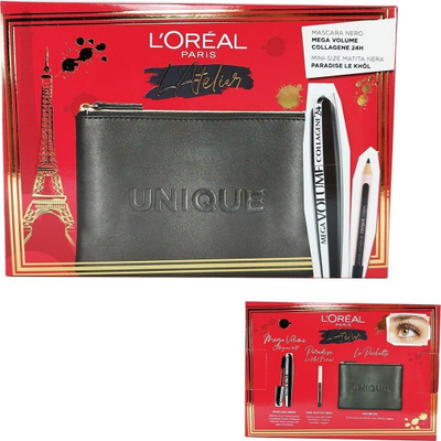 Сет козметика L'Oreal Paris, црн молив за очи kajal 1.5g, маскара Mega Volume Collagen 24h Waterproof црна 9ml, црна текстилна чанта