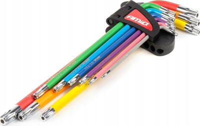 Set kaçavidash t’kënduara AMiO 04301, 9 copa Torx T10–T50, çelik veglash