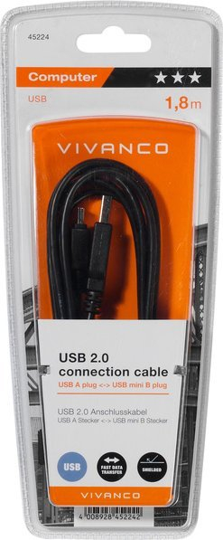 Kabllo USB Vivanco 45224, USB 2.0 A në mini B, 1.8m, e zezë