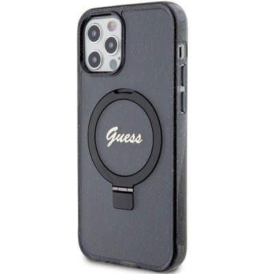 Kapotë telefoni Guess GUHMP12MHRSGSK për iPhone 12 / 12 Pro 6.1", e fortë MagSafe, me unazë, e zezë
