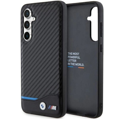 Kapak telefoni BMW për Samsung Galaxy S23 FE, efekt karboni, vijë blu, i zi