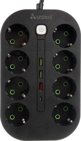 Shpizë zgjatuese Izoxis 24460, 8 presa, 4x USB, kabëll 2 m, e zezë