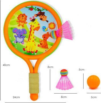 Set raketash badminton për kalamaj LEAN Toys Dinosaurë, me top dhe flutur, portokalli jeshile