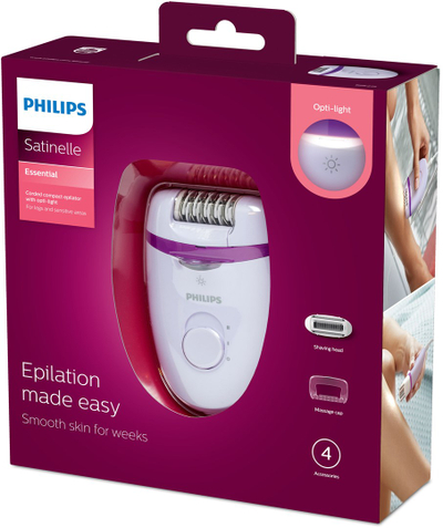 Epilator Philips Satinelle Essential BRE275/00, me tela, dritë Opti light, i bardhë