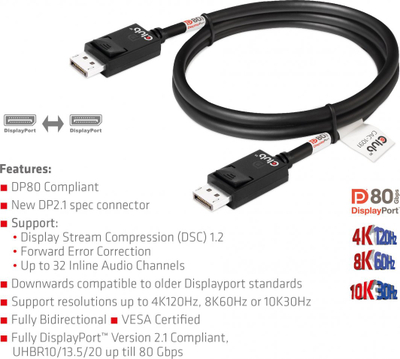Kabllo DisplayPort Club 3D CAC-1091, DP 2.1, 4K 120Hz 8K 60Hz, 1.2m, e zezë
