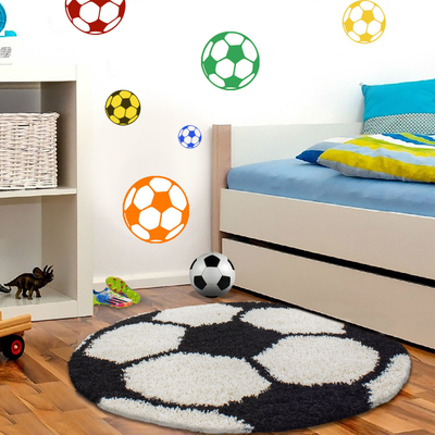 Tapet për kalamaj Shaggy Fun Kids, me futboll, rrumbullak 120cm, zi me krem