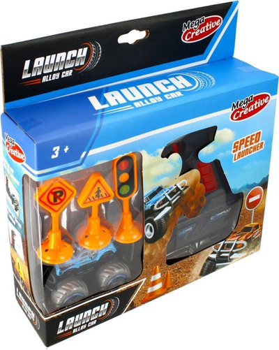 Set lodër makinë off-road Mega Creative Launcher, me lëshues si pistoletë, aksesorë rruge, blu