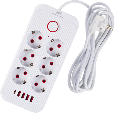Zgjatues Maclean MCE391, 6 priza, 4x USB, 2500W, i bardhë