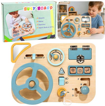Lodër edukative LeanToys Busy Board, bord druri sensorial, panel makine, bezhë me blu
