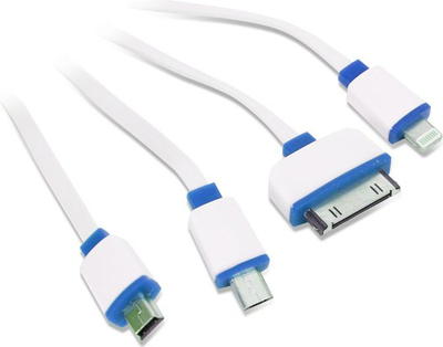 Kabllo karikimi Omega universale 4 në 1, 1m, USB me micro USB, mini USB, Lightning, e bardhë me blu
