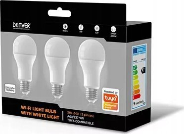 Llambë e mençme LED Denver SHL-340MK2, Wi‑Fi, 9W E27, set me 3 copë, e bardhë