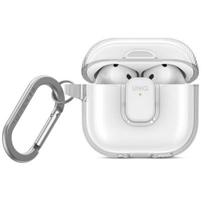 Kuti mbrojtëse Uniq Glase Pro për AirPods 4, TPU i butë, me karabinë, transparente