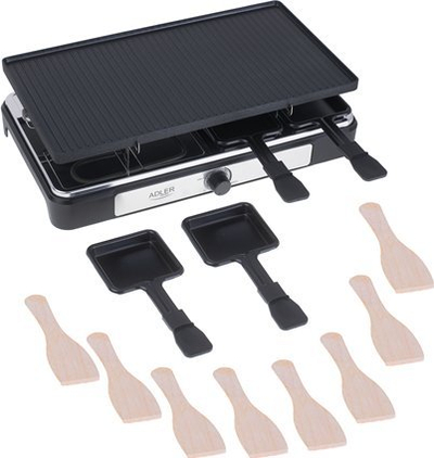 Grill elektrik Adler AD 6616 Raclette 4 në 1, 1400W, për 8 persona, i zi