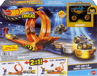 Set lojrash Hot Wheels Monster Trucks Loop and Flip Trophy Challenge me kamion Bigfoot 1:64, metalik, shumëngjyrësh