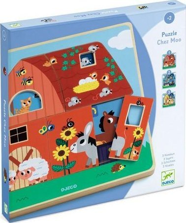 Puzzle me shtresa Djeco Chez Moo, puzzle druri, shumëngjyrësh