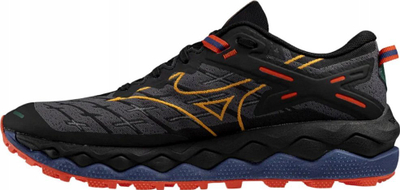 Atlete trail Mizuno Wave Mujin 10 për burra, me shollë Vibram, të zeza me portokalli