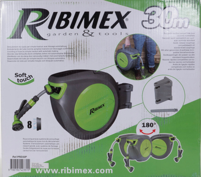 Zorrë kopshti Ribimex me bobinë automatike, 30 m, fiksim në mur, jeshile