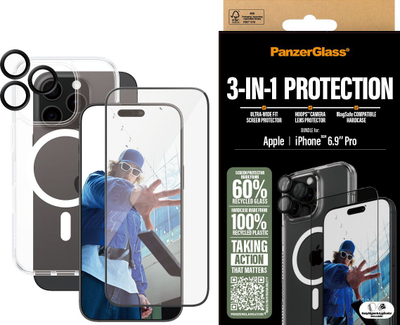 Set mbrojtës PanzerGlass për iPhone 16 Pro Max, 3 në 1, xham mbrojtës, transparent
