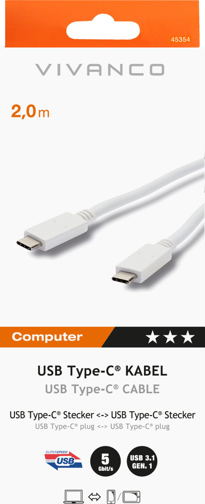Kabllo USB C Vivanco 45354, USB 3.1 Gen 1, 2m, e bardhë