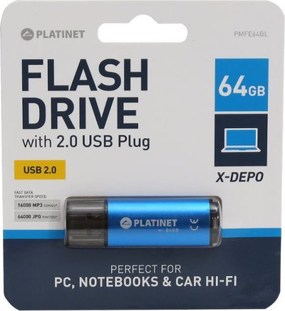 Disk USB Platinet X-Depo, 64GB, i kaltër