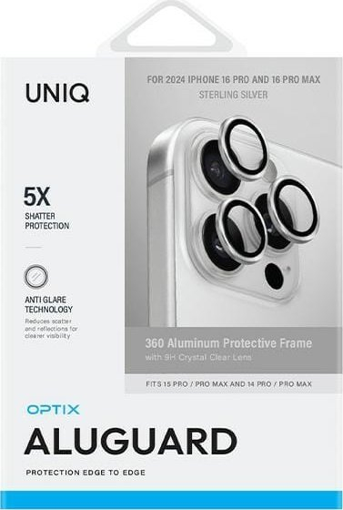 Mbrojtës kamere UNIQ Optix Aluguard, xham i forcuar 9H, për iPhone 16 Pro 16 Pro Max, argjend