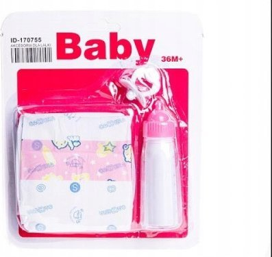 Set aksesorësh për kukulla Adar Diaper and Bottle 540835, biberon 12.5 cm, pelenë për kukull, rozë