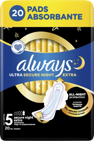 Peceta higjienike Always Ultra Secure Night Extra, madhësia 5, 20 copë, shumëngjyrëshe