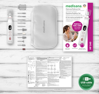 Set manikyr pedikyr Medisana MP 940, 10 aksesorë, rikarikues, i bardhë