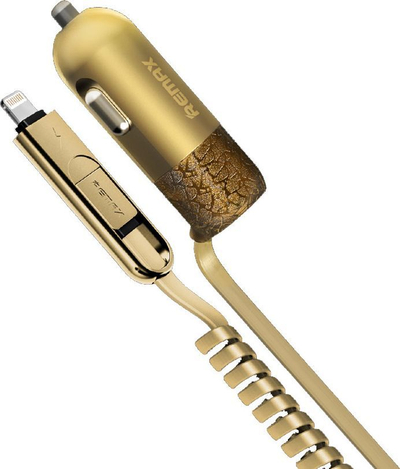 Mbushësi për makinë Remax RCC-103 Finchy, USB + Lightning + Micro USB, 3.4A, i artë