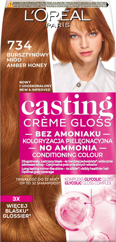 Боја за коса L’Oréal Paris Casting Creme Gloss 734 Amber Honey, полутрајна, без амонијак