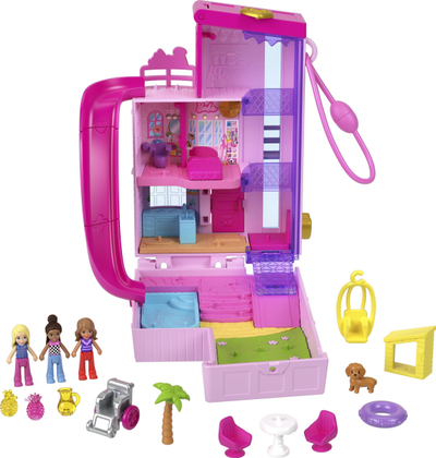 Shpi lodër kompakte Polly Pocket Barbie Dreamhouse, 3 mini kukulla, aksesore loje, rozë