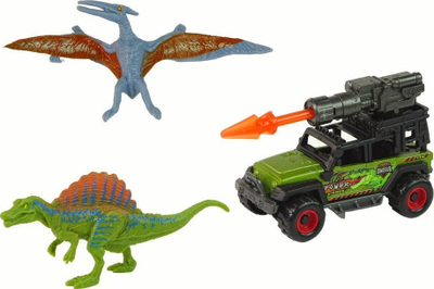 Set lodrash dinosaurë me makinë, 2 figura, raketë portokalli