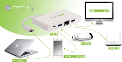 Adapter USB C Techly 3.1, HDMI RJ45 USB A 3.0, gri