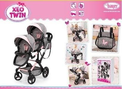 Играчка количка за кукли Bayer Design Xeo Twin, за две кукли 46 см, со корпа и торба, сива и розова