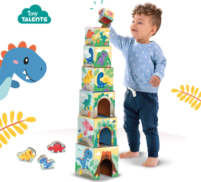 Set lodrash SES Creative Stacking Blocks Tower me figura dinosauri, 7 blloqe druri, me ngjyra të ndryshme