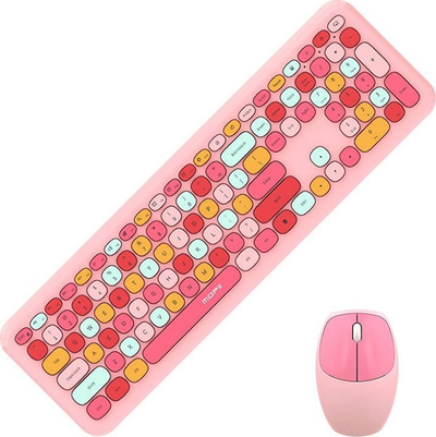 Set tastierë dhe mausi Mofii Wireless, 112 taste EN, 2.4G USB, rozë