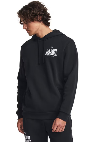 Дуксер со капуљача Under Armour Project Rock Rival Fleece, за мажи, мек памук, црн со бели детали