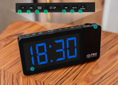Radio orë TZS First Austria 2419 BU me projektor 180°, ekran LED me shifra të mëdhaja, e zezë
