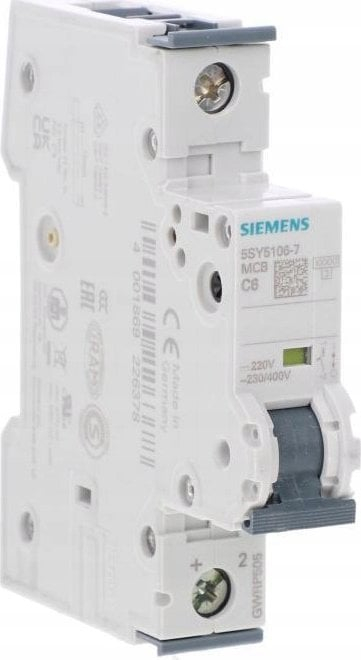 Ndërprerës mbirryme Siemens SENTRON 5SY5106-7 C6A, 1P, 10kA, i bardhë