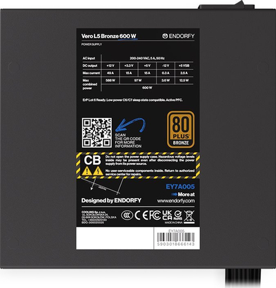 Furnizuesi i energjisë Endorfy Vero L5 Bronze 600W, 80 Plus Bronze, ATX, i zi
