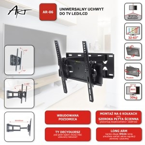 Mbajtëse muri për TV Art AR-86, 32" 63", deri 30 kg, e zezë