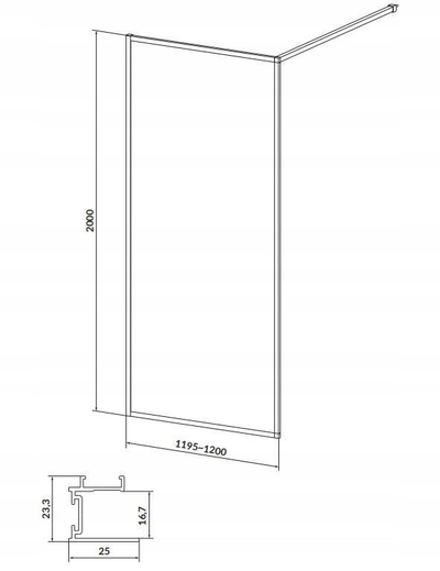 Muri i dushit Cersanit LARGA, 120 cm, xham i tejdukshëm 6 mm, profile të zeza mat