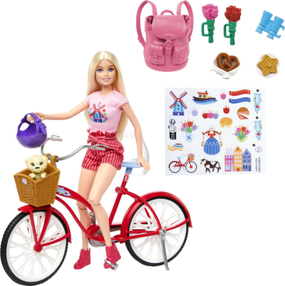 Set lojërash Barbie Pink Passport Holland, kukull me biçikletë, aksesorë udhëtimi, rozë