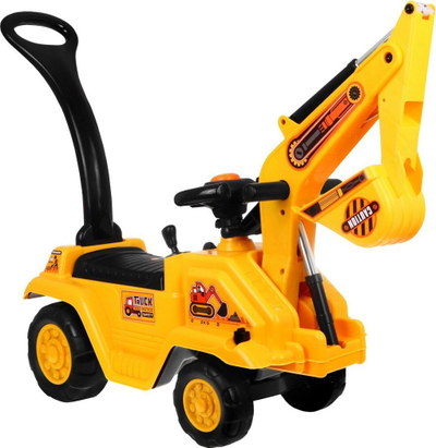 Lodër eskavator ride-on për kalamaj, me kovë që lëviz, me dorezë për ta shty, i verdhë