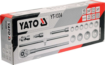 Сет тркалести клучеви YATO YT-1334, 15 парчиња, 3/4\", во црна метална кутија