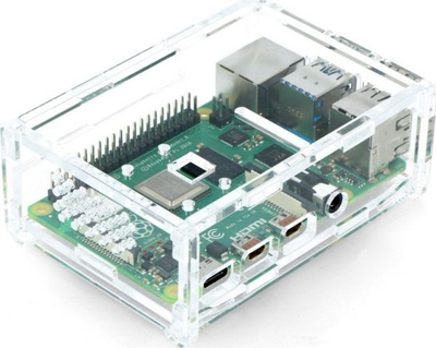 Kuti Raspberry Pi 4 Model B, me mbajtëse kamere, transparente