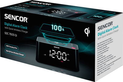 Orë alarmi digjitale Sencor, karikues wireless 10W, USB, e zezë