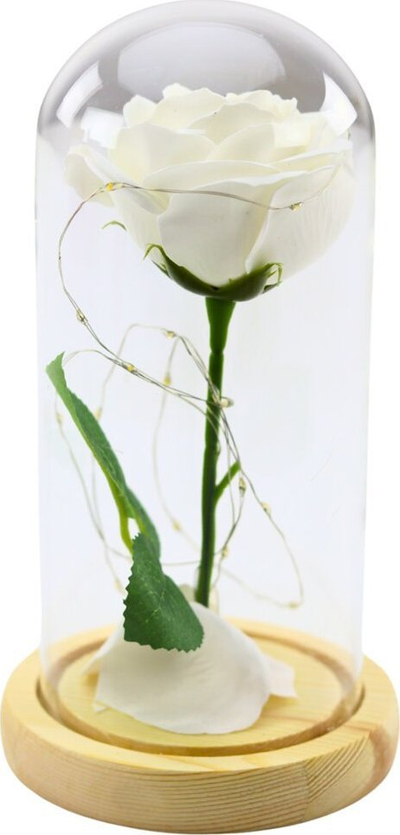 Dekor trëndafil artificial Eternal Rose, kupolë qelqi me LED, 21x11cm, i bardhë