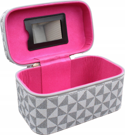 Кутија за козметика Chest S, со огледало, со патент, 19x11x10 cm, со сиви геометриски мотиви